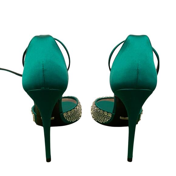 GUCCI Women's Satin High Heel Sandals with Crystals Size 37.5 US 7.5 Green New - Picture 11 of 16